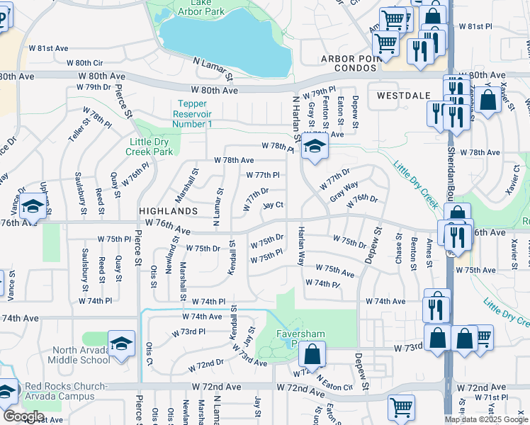 map of restaurants, bars, coffee shops, grocery stores, and more near 7652 Jay Court in Arvada
