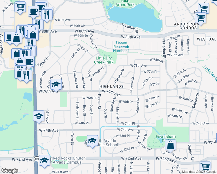 map of restaurants, bars, coffee shops, grocery stores, and more near 7624 Newland Street in Arvada