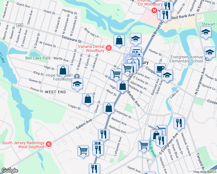 map of restaurants, bars, coffee shops, grocery stores, and more near 53 High Street in Woodbury