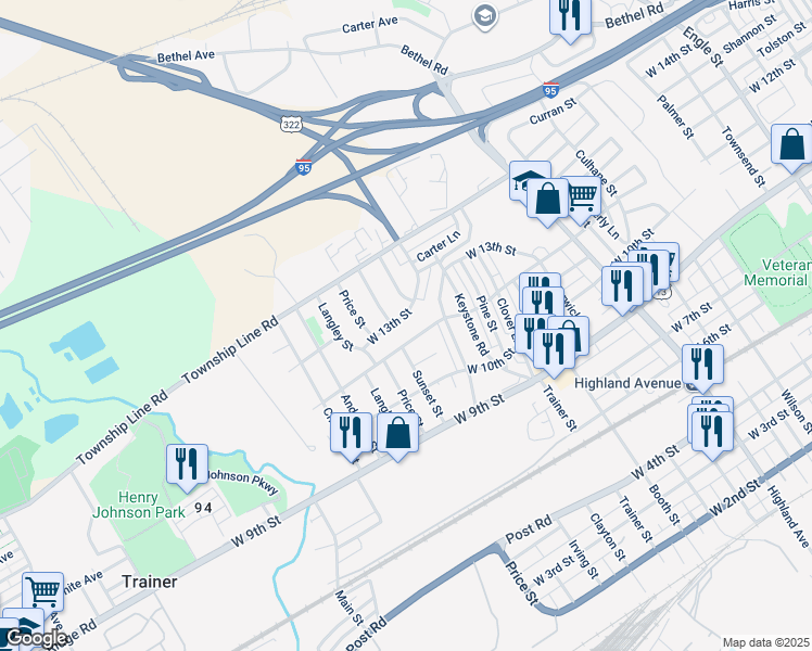 map of restaurants, bars, coffee shops, grocery stores, and more near 3525 West 13th Street in Trainer