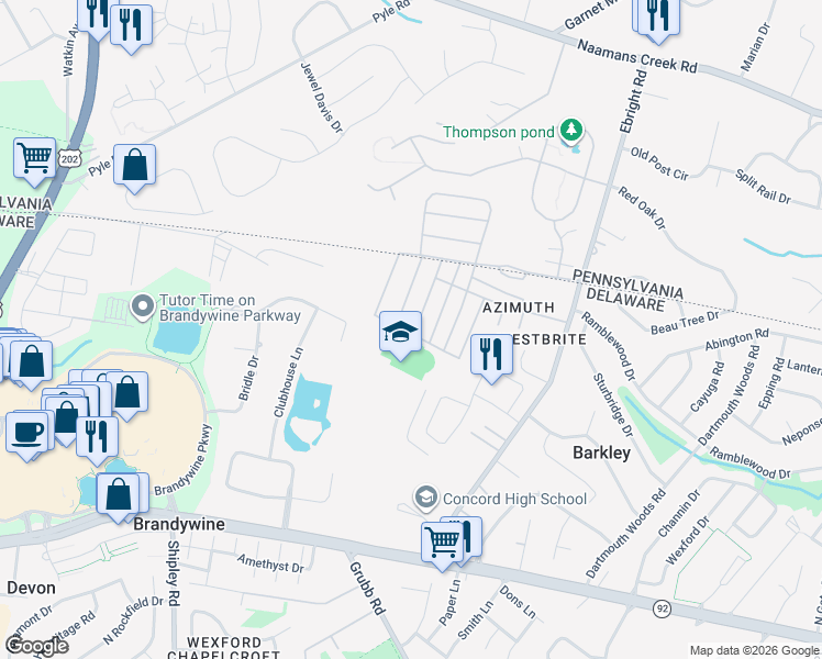 map of restaurants, bars, coffee shops, grocery stores, and more near 330 Delta Road in Wilmington