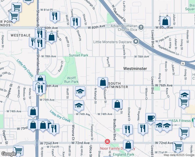 map of restaurants, bars, coffee shops, grocery stores, and more near 7642 Raleigh Street in Westminster