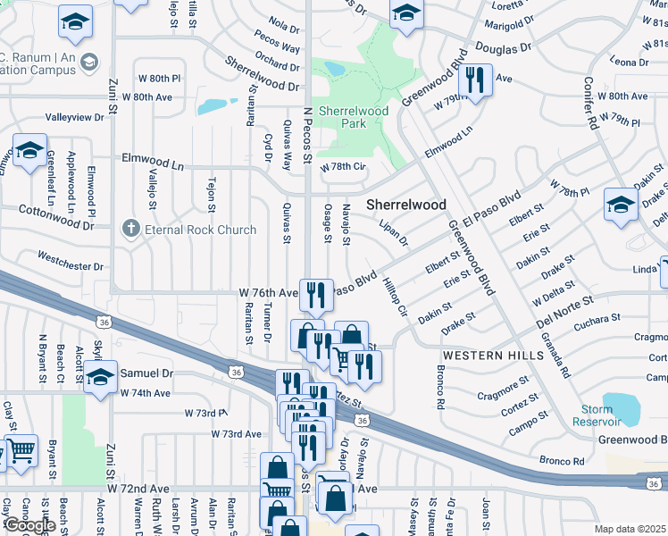 map of restaurants, bars, coffee shops, grocery stores, and more near 7653 Navajo Street in Denver