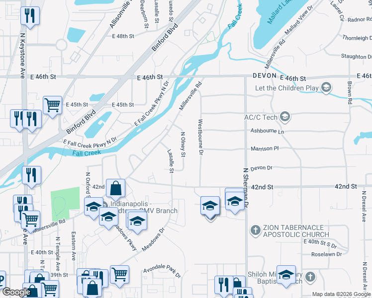 map of restaurants, bars, coffee shops, grocery stores, and more near 4347 North Olney Street in Indianapolis