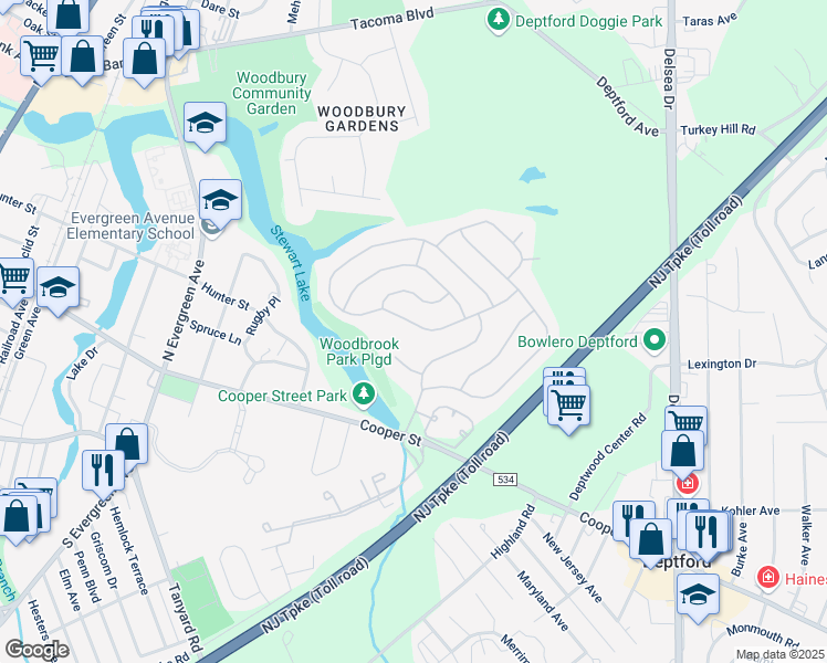 map of restaurants, bars, coffee shops, grocery stores, and more near 38 Lakebridge Drive in Deptford