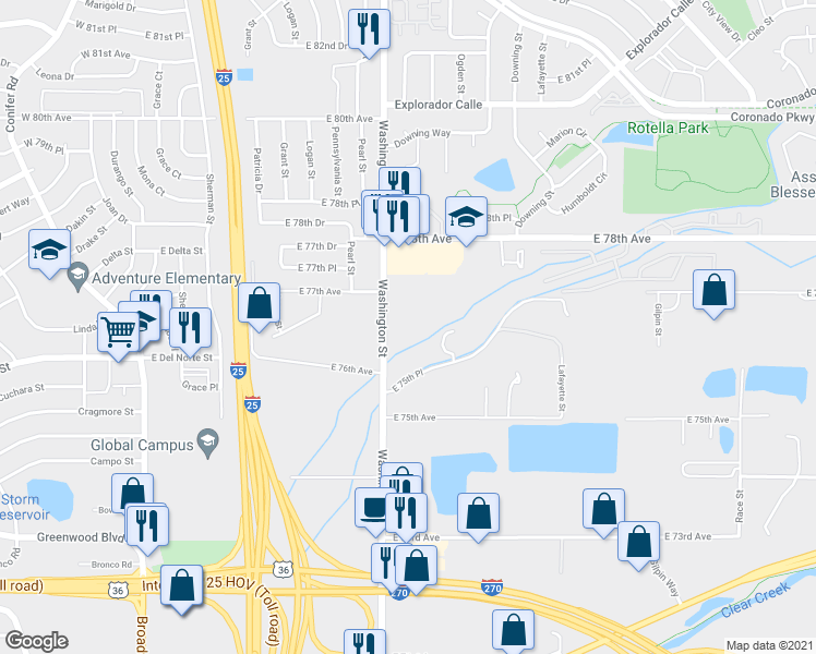 map of restaurants, bars, coffee shops, grocery stores, and more near 7700 Washington Street in Denver