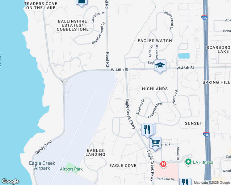 map of restaurants, bars, coffee shops, grocery stores, and more near 4351 Village Parkway Circle West in Indianapolis