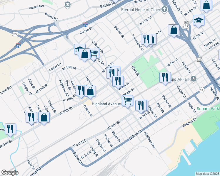 map of restaurants, bars, coffee shops, grocery stores, and more near 718 Highland Avenue in Chester