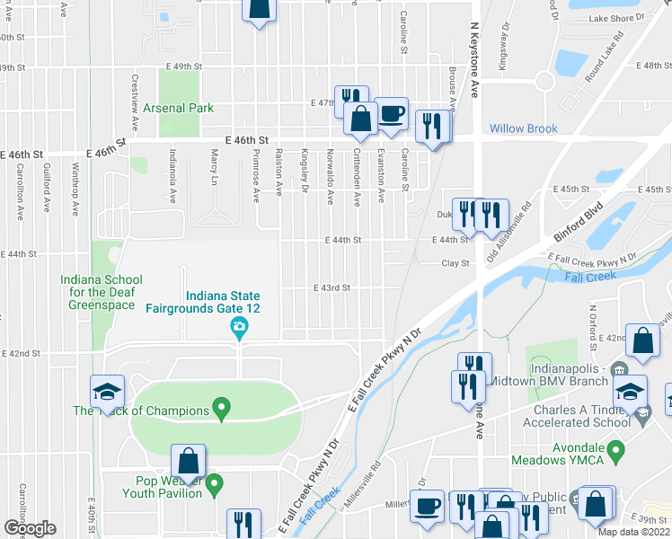 map of restaurants, bars, coffee shops, grocery stores, and more near 4323 Norwaldo Avenue in Indianapolis