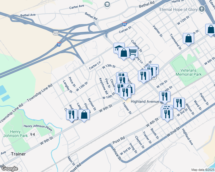 map of restaurants, bars, coffee shops, grocery stores, and more near 1140 Pine Street in Chester