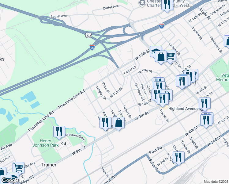 map of restaurants, bars, coffee shops, grocery stores, and more near 3602 West 13th Street in Trainer