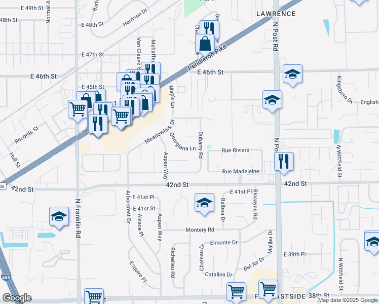 map of restaurants, bars, coffee shops, grocery stores, and more near 8521 Georgiana Lane in Indianapolis