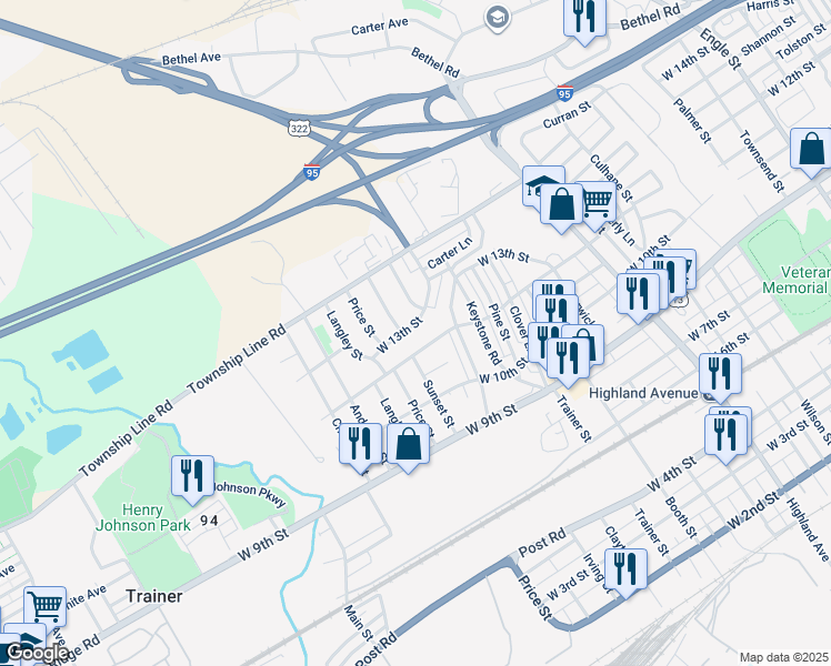 map of restaurants, bars, coffee shops, grocery stores, and more near 3525 West 13th Street in Trainer