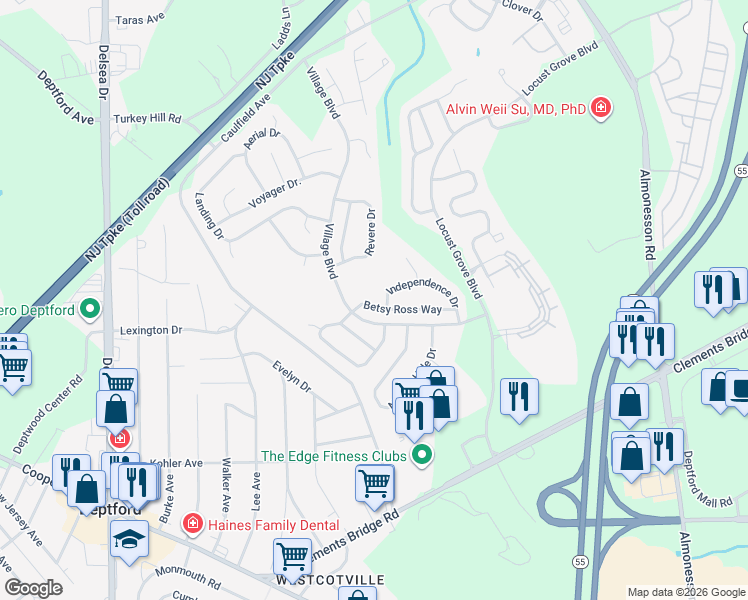 map of restaurants, bars, coffee shops, grocery stores, and more near 128 Betsy Ross Way in Deptford