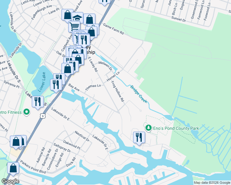 map of restaurants, bars, coffee shops, grocery stores, and more near 123 Frog Hollow Road in Lacey Township