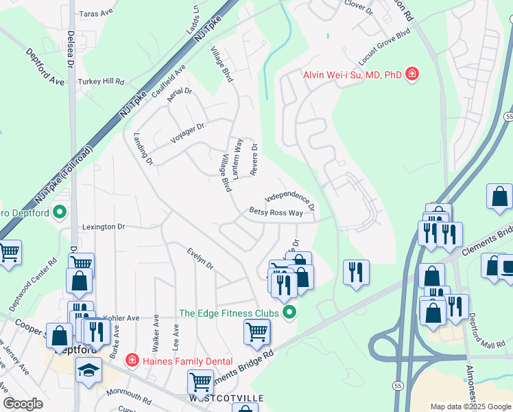 map of restaurants, bars, coffee shops, grocery stores, and more near 128 Betsy Ross Way in Deptford