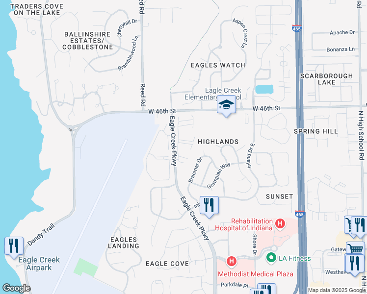 map of restaurants, bars, coffee shops, grocery stores, and more near 4431 Eagle Creek Parkway in Indianapolis
