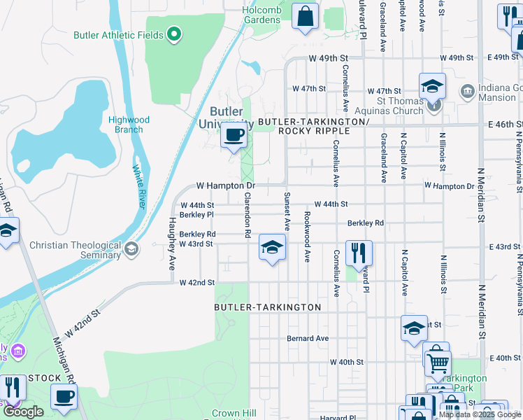 map of restaurants, bars, coffee shops, grocery stores, and more near 641 West 44th Street in Indianapolis