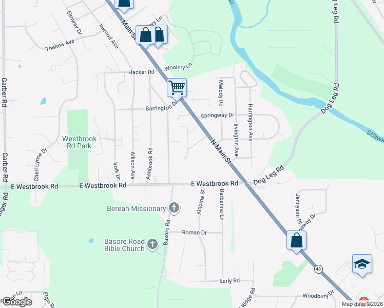 map of restaurants, bars, coffee shops, grocery stores, and more near 7829 North Main Street in Dayton