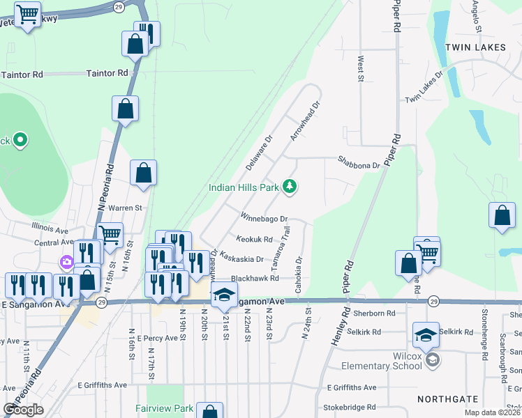 map of restaurants, bars, coffee shops, grocery stores, and more near 2505 Miami Trail in Springfield