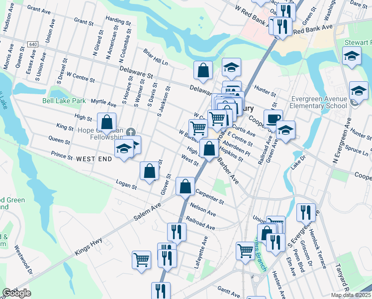 map of restaurants, bars, coffee shops, grocery stores, and more near 53 High Street in Woodbury
