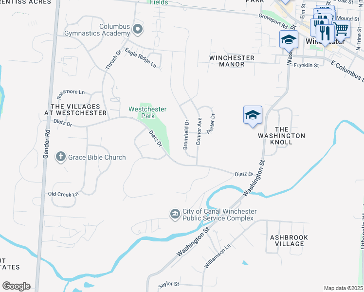 map of restaurants, bars, coffee shops, grocery stores, and more near 7215 Bromfield Drive in Canal Winchester