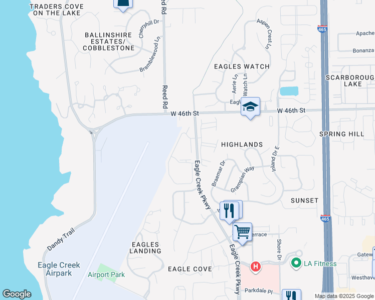 map of restaurants, bars, coffee shops, grocery stores, and more near 4470 Village Lane in Indianapolis