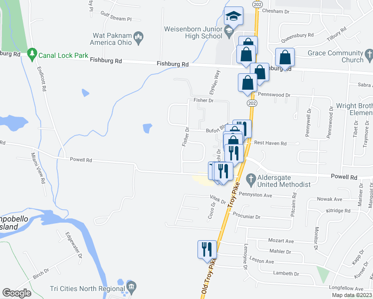 map of restaurants, bars, coffee shops, grocery stores, and more near 5522 Fisher Drive in Dayton