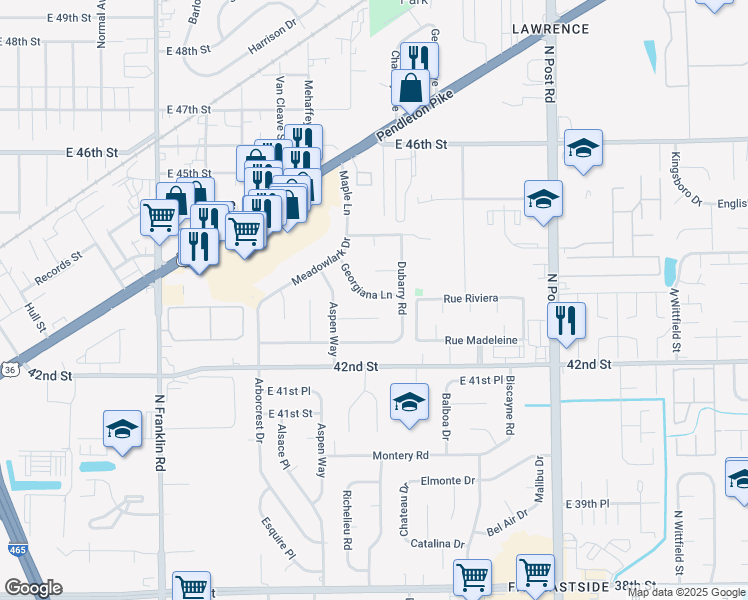 map of restaurants, bars, coffee shops, grocery stores, and more near 8521 Georgiana Lane in Indianapolis