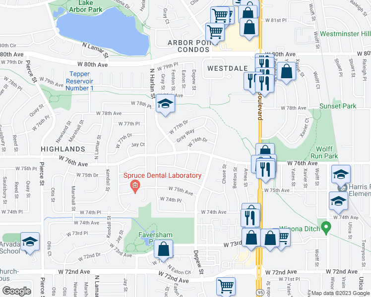 map of restaurants, bars, coffee shops, grocery stores, and more near 5799 West 76th Drive in Arvada