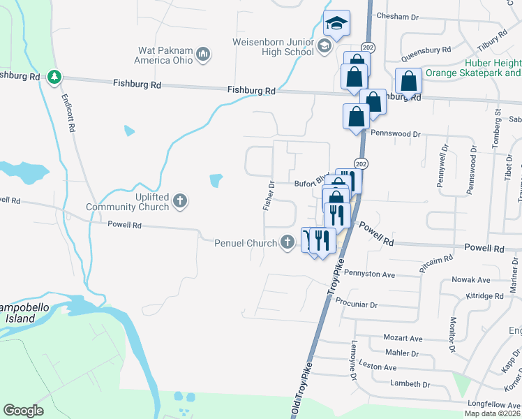 map of restaurants, bars, coffee shops, grocery stores, and more near 5523 Fisher Drive in Dayton