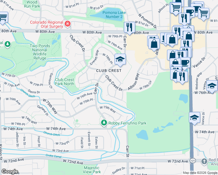 map of restaurants, bars, coffee shops, grocery stores, and more near 7793 Brentwood Court in Arvada