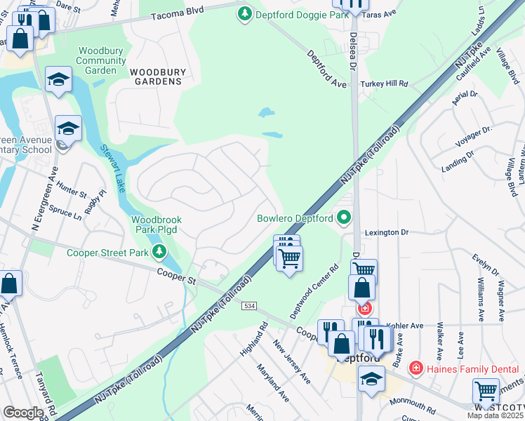 map of restaurants, bars, coffee shops, grocery stores, and more near 31 Niland Lane in Deptford