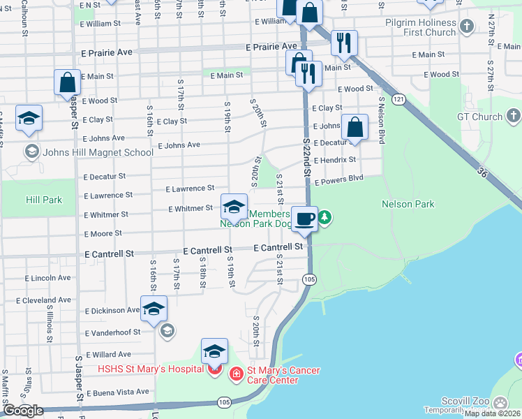 map of restaurants, bars, coffee shops, grocery stores, and more near 2029 East Whitmer Street in Decatur