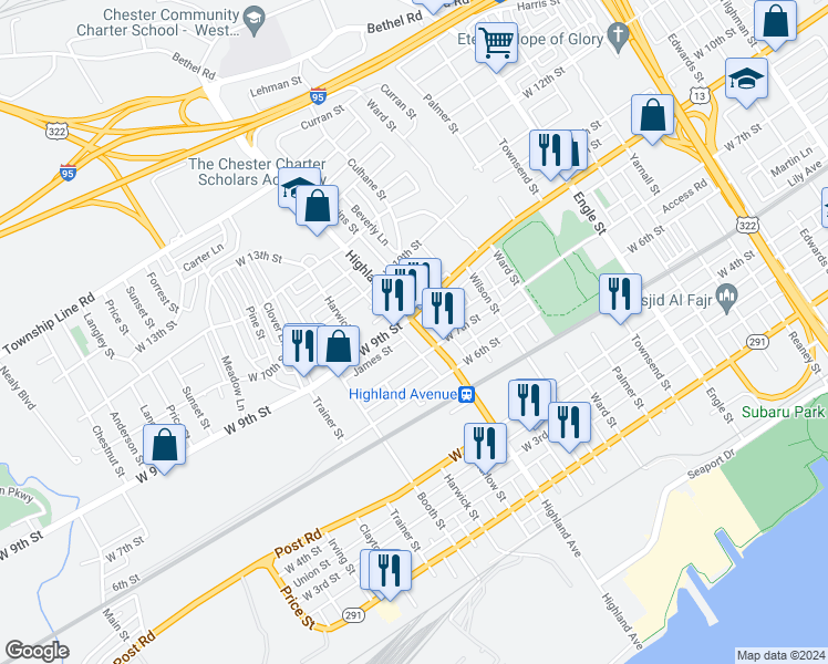 map of restaurants, bars, coffee shops, grocery stores, and more near 718 Highland Avenue in Chester