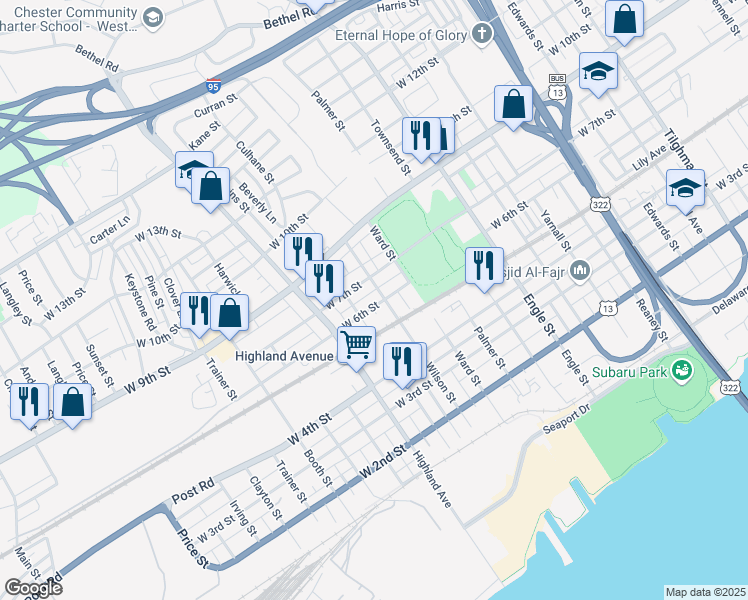 map of restaurants, bars, coffee shops, grocery stores, and more near 2610 West 6th Street in Chester