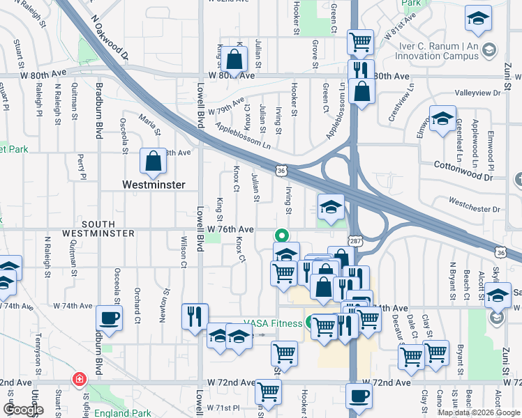 map of restaurants, bars, coffee shops, grocery stores, and more near 3350 James Way in Westminster