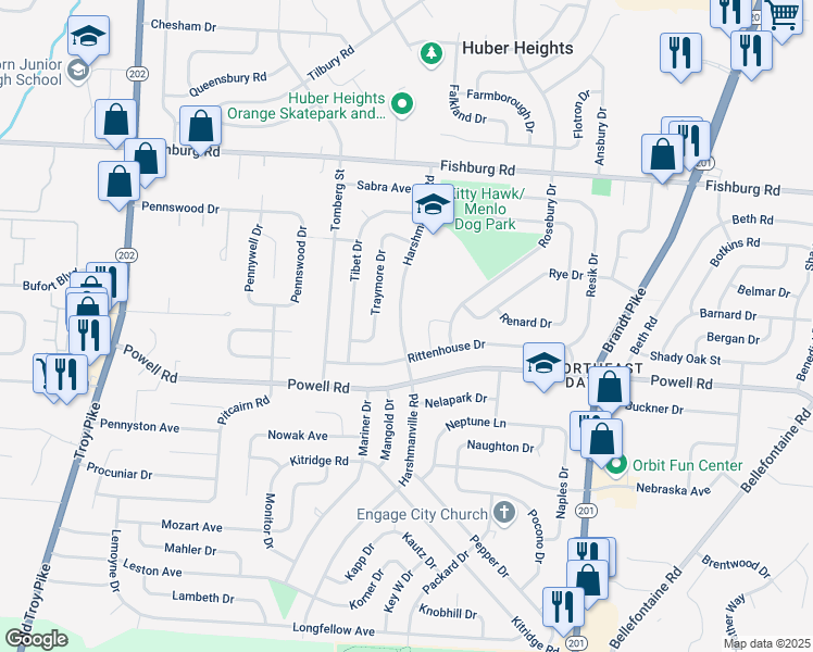 map of restaurants, bars, coffee shops, grocery stores, and more near 5684 Harshmanville Road in Dayton