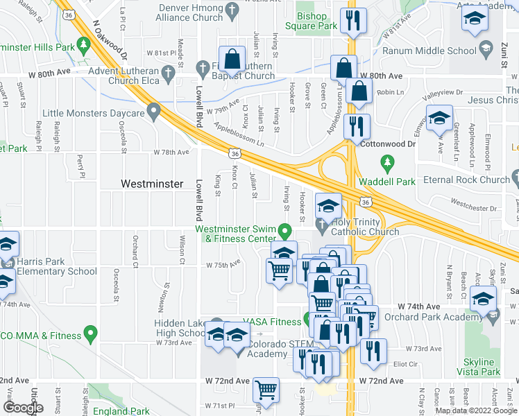 map of restaurants, bars, coffee shops, grocery stores, and more near 3350 James Way in Westminster
