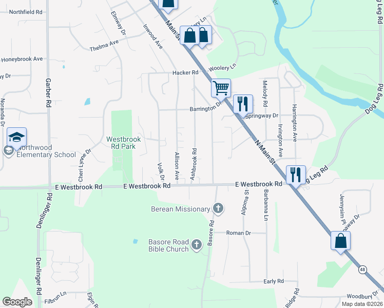 map of restaurants, bars, coffee shops, grocery stores, and more near in Dayton