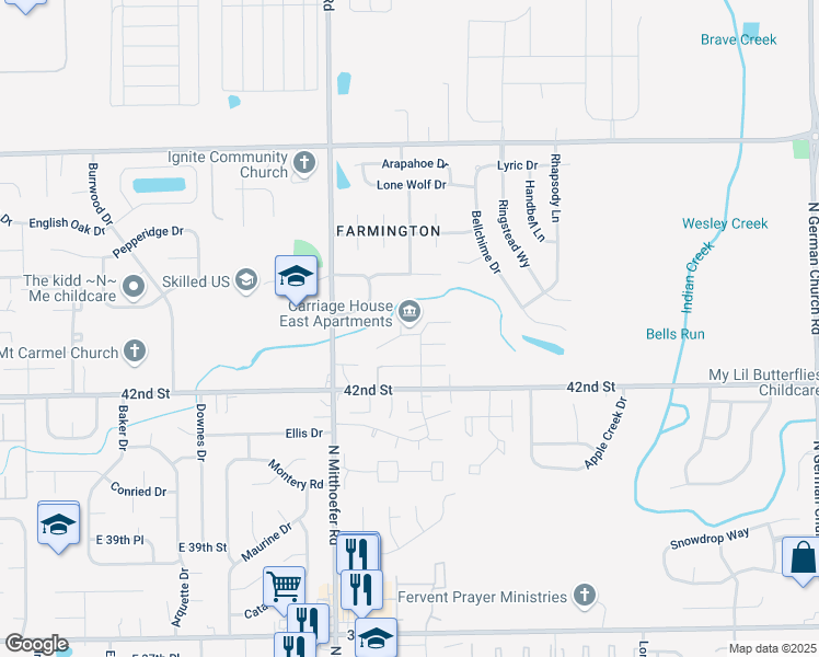 map of restaurants, bars, coffee shops, grocery stores, and more near 10207 Aristocrat North Drive in Indianapolis