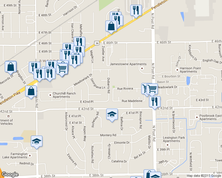 map of restaurants, bars, coffee shops, grocery stores, and more near 4309 Dubarry Road in Indianapolis