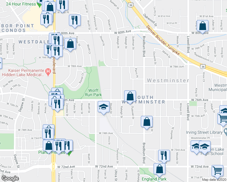 map of restaurants, bars, coffee shops, grocery stores, and more near 7664 Stuart Street in Westminster