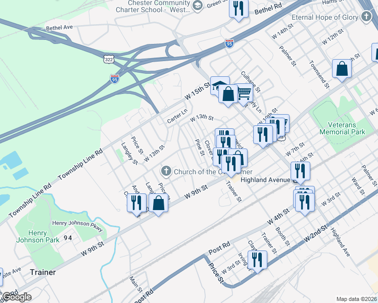 map of restaurants, bars, coffee shops, grocery stores, and more near 1156 Keystone Road in Chester