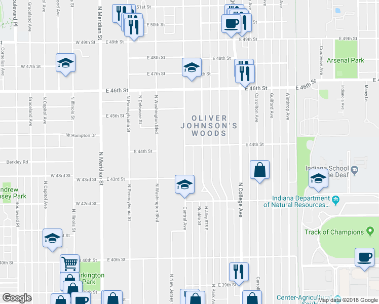 map of restaurants, bars, coffee shops, grocery stores, and more near 4363 Central Avenue in Indianapolis