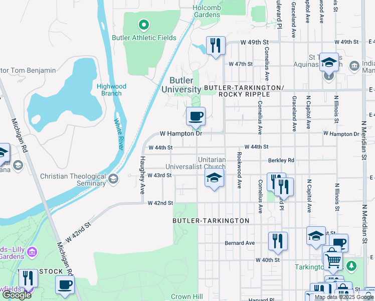 map of restaurants, bars, coffee shops, grocery stores, and more near 717 West 44th Street in Indianapolis