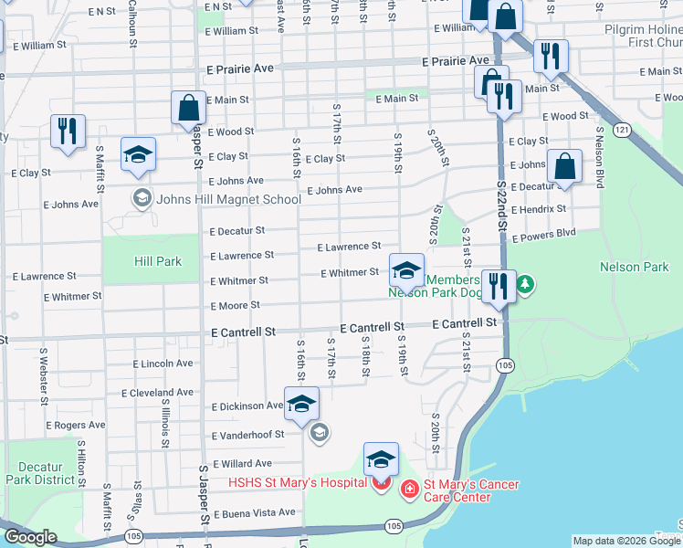 map of restaurants, bars, coffee shops, grocery stores, and more near 1701 East Whitmer Street in Decatur