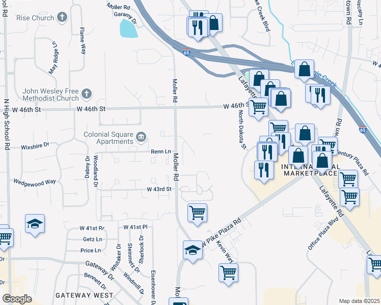 map of restaurants, bars, coffee shops, grocery stores, and more near 4432 Courtfield Drive in Indianapolis