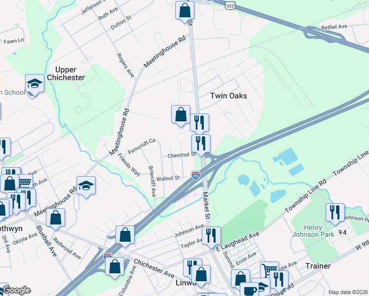 map of restaurants, bars, coffee shops, grocery stores, and more near 2305 Pleasant View Avenue in Boothwyn