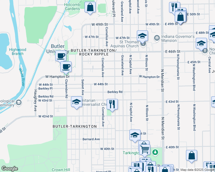 map of restaurants, bars, coffee shops, grocery stores, and more near 331 West 44th Street in Indianapolis